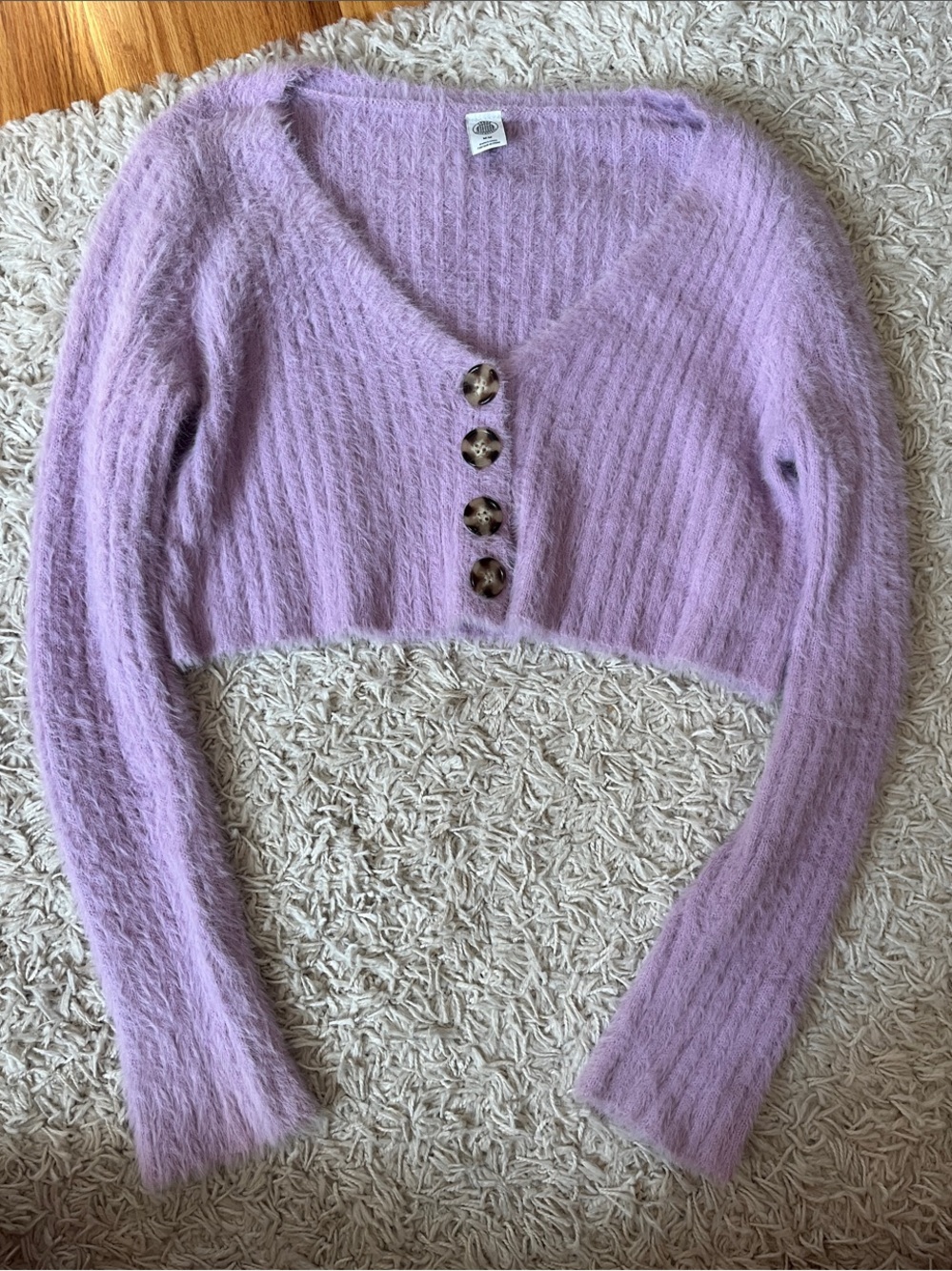 Urban Outfitters Lilac Fuzzy V-Neck Cropped Button Cardigan